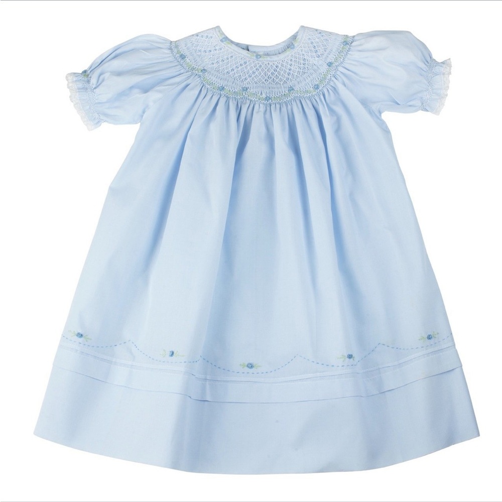 Blue Smocked Bishop Dress Heirloom Embroidery Lace Feltman Brothers